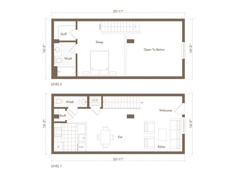 A floor plan shows two levels of a room with labeled areas such as "Stuff", "Sleep", "Wash", "Eat", and "Relax".